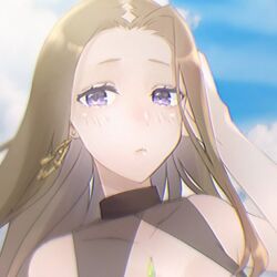 1girl alternate_costume bad_id bad_twitter_id brown_hair close-up cloud cloudy_sky grimms_notes long_hair mona_lisa_(grimms_notes) one-piece_swimsuit ri_(mettatonnnn) sky solo swimsuit