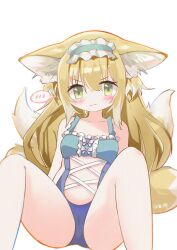 1girl absurdres alternate_costume animal_ears arknights blonde_hair blue_one-piece_swimsuit blush chinese_commentary chromatic_aberration closed_mouth commentary_request eugrlt frilled_hairband frilled_one-piece_swimsuit frills frown green_hairband hair_between_eyes hairband highres loli long_hair looking_at_viewer multiple_tails one-piece_swimsuit simple_background sitting solo spoken_blush suzuran_(arknights) swimsuit tail v-shaped_eyebrows white_background