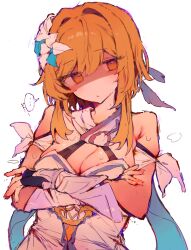... 1girl bare_shoulders black_gloves blonde_hair breasts bunchi cleavage closed_mouth crossed_arms detached_sleeves dress feather_hair_ornament feathers fingerless_gloves flower genshin_impact gloves hair_flower hair_ornament highres large_breasts looking_at_viewer lumine_(genshin_impact) romper short_hair_with_long_locks sidelocks simple_background solo spoken_ellipsis steam sweat upper_body white_background white_dress white_flower white_romper yellow_eyes