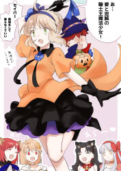 1boy 5girls alternate_costume animal_ears archetype_earth arcueid_brunestud artoria_pendragon_(fate) black_gloves black_skirt blonde_hair blue_cape blue_hairband blue_hat breasts cape caren_hortensia cat_ears choker cleavage closed_eyes commentary_request crescent crescent_hair_ornament earrings emiya_shirou fate/hollow_ataraxia fate/stay_night fate_(series) frilled_skirt frills gloves green_eyes grey_hair hair_ornament hairband hat highres holding jack-o&#039;-lantern jewelry kohaku_(tsukihime) medium_breasts medium_hair multiple_girls open_mouth orange_shirt red_choker red_hair red_hairband saber_(fate) shirt skirt smile suzuakks tohsaka_rin translation_request tsukihime white_choker yellow_eyes