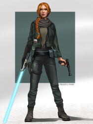 Rule 34 | 1girl, absurdres, artist name, black boots, black gloves, black pants, blue lightsaber, boots, braid, braided ponytail, energy sword, full body, gloves, green eyes, green jacket, gun, highres, holding, holding gun, holding sword, holding weapon, iisabelinski, jacket, lightsaber, long hair, looking at viewer, mara jade, open clothes, open jacket, orange hair, pants, single glove, solo, star wars, sword, weapon