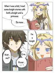 .osari 1boy 1girl bare_shoulders black_collar black_hair black_jacket blonde_hair blue_eyes blush_stickers book cartethyia_(wuthering_waves) collar commentary crown_of_thorns english_commentary grey_shirt highres holding holding_book jacket long_hair male_rover_(wuthering_waves) open_mouth parted_bangs pointy_ears reading rover_(wuthering_waves) shirt sidelocks smile tacet_mark_(wuthering_waves) wuthering_waves yellow_eyes