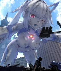 Rule 34 | 1boy, 1girl, absurdres, alien, all fours, black hair, blue tongue, bodysuit, breasts, bruise, building, car, chest jewel, city, cloud, colored tongue, covered navel, destruction, dirty, dirty clothes, dirty face, giant, giantess, grey hair, highres, impossible bodysuit, impossible clothes, injury, kaiju, long hair, magical girl, medium breasts, monster, motor vehicle, natsukaze shigure, one eye closed, open mouth, original, outdoors, peril, red eyes, sky, truck, twintails, uralis, variant set, white hair