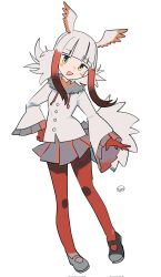 1girl bird_girl bird_tail bird_wings blunt_bangs blush bow bowtie commentary frilled_sleeves frills full_body fur_collar gloves grey_fur grey_shoes grey_skirt head_wings highres japanese_crested_ibis_(kemono_friends) kemono_friends long_sleeves looking_at_viewer mary_janes multicolored_hair naka_(buttergirl_02) open_mouth pantyhose pleated_skirt red_bow red_bowtie red_gloves red_pantyhose shirt shoes short_hair sidelocks skirt smile solo tail white_hair white_shirt wings yellow_eyes