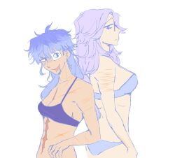 2girls aotsuki_eito black_bra blue_eyes blue_hair bra breasts cleavage collarbone ear_piercing earrings eyepatch face_piercing female_focus genderswap genderswap_(mtf) glasses grey_bra grey_hair grey_panties height_difference jewelry lip_piercing long_hair looking_at_another looking_back looking_to_the_side multicolored_hair multiple_girls omokage_yugamu one_eye_covered panties piercing scar scar_on_arm scar_on_chest scar_on_stomach simple_background the_hundred_line_-last_defense_academy- underwear upper_body white_background yuri