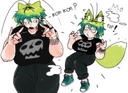 1girl absurdres animal_ear_piercing animal_ears antennae aqua_shoes arm_tattoo black_nails breasts commentary destorys ear_piercing earrings fox_ears fox_girl fox_tail green_hair hair_horns highres huge_breasts jewelry kemonomimi_mode large_breasts multicolored_hair original piercing ring shoes symbol-only_commentary tail tattoo transformation two-tone_hair