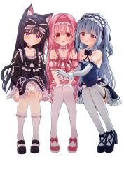 Rule 34 | 3girls, absurdres, amayazuki yua (yozakura souki), animal ears, aqua hair, artina fialard (yozakura souki), black hair, blunt bangs, blush, bow, bowtie, collarbone, detached sleeves, dress, frilled dress, frilled hairband, frilled thighhighs, frills, full body, gloves, hair between eyes, hair bow, hairband, hands on own thighs, heterochromia, highres, hime cut, hug, kneehighs, long bangs, long hair, magical girl, multiple girls, open mouth, orichi sophina (yozakura souki), original, pink bow, pink bowtie, pink hair, purple eyes, red eyes, sad, sidelocks, smile, socks, thighhighs, white background, white gloves, white thighhighs, yozakura souki, yuri