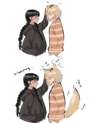 Rule 34 | 2girls, addams family, animal ears, black hair, black hoodie, black nails, blonde hair, blush, braid, english text, enid sinclair, hand on another&#039;s head, headpat, highres, hood, hoodie, long hair, multicolored hair, multiple girls, nail polish, randersms, short hair, tail, tail wagging, upper body, wednesday (netflix), wednesday addams, white background, wolf ears, wolf tail