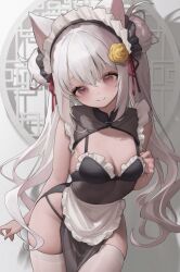 1girl animal_ears bare_shoulders black_collar breasts brown_eyes cleavage closed_mouth collar commentary_request commission cowboy_shot double_bun flower frilled_collar frills hair_between_eyes hair_bun hair_flower hair_ornament highres inari_hinano indie_virtual_youtuber light_smile long_hair looking_at_viewer maid maid_headdress medium_breasts metatarou see-through_clothes skeb_commission sleeveless solo thighhighs thighs white_hair white_thighhighs wide_hips yellow_flower