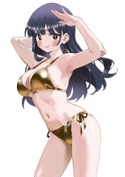 1girl armpits arms_up bikini black_hair blush boku_no_kokoro_no_yabai_yatsu breasts brown_eyes cleavage closed_mouth collarbone commentary_request gold_bikini highres large_breasts long_hair looking_at_viewer navel side-tie_bikini_bottom silent_armor simple_background solo standing swimsuit white_background yamada_anna
