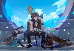Rule 34 | 2boys, 2girls, ahoge, arm strap, armor, belt, black belt, black bodysuit, black bridal gauntlets, black footwear, black gloves, black hair, black pants, black shorts, blue footwear, blue gemstone, blue hair, blue hat, blue kimono, blue sky, blue sleeves, blunt bangs, blush, bodysuit, borrowed clothes, bow, bridal gauntlets, brown hair, brown vest, charlieinoni, closed eyes, closed mouth, clothes blanket, cloud, cloudy sky, coat, covering own eyes, covering with clothes, curly ends, eyelashes, faruzan (genshin impact), feathers, footwear bow, frilled socks, frills, full body, furina (genshin impact), gem, genshin impact, gloves, gold, gradient hair, hair between eyes, hair ornament, hakama, hakama shorts, han&#039;eri, hand over eye, hat, heads together, highres, holding, holding polearm, holding weapon, injury, japanese armor, japanese clothes, jingasa, kimono, kote, kurokote, layered kimono, layered sleeves, leg on another&#039;s leg, leg on another&#039;s shoulder, leg warmers, light blue hair, long hair, low twintails, lying, middle ring, multicolored hair, multiple boys, multiple girls, necktie, on back, open clothes, open kimono, open mouth, pants, pleated shorts, polearm, pom pom (clothes), portal (object), purple bow, purple rope, rope, sandals, scaramouche (genshin impact), scratches, shoes, short hair, short sleeves, shorts, side-by-side, single off shoulder, sitting, sky, sleeping, sleeping together, three-quarter sleeves, socks, staff of homa (genshin impact), star (symbol), stirrup legwear, toeless footwear, toeless legwear, torn clothes, torn sleeves, twintails, twitter username, unworn clothes, unworn coat, unworn hat, unworn headwear, vest, vision (genshin impact), wanderer (genshin impact), watermark, weapon, white kimono, white leg warmers, white necktie, white sleeves, white socks, x hair ornament, yellow feathers, zhongli (genshin impact), zouri