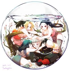1boy 3boys 3girls air_bubble artist_name bare_shoulders black_hair black_pants black_thighhighs black_vest blonde_hair blue_kimono branch breasts bubble cleavage clenched_teeth closed_mouth collarbone dated eye_tattoo fishnet_thighhighs fishnets forehead_protector full_body green_eyes green_hair green_socks highres hinatsuru_(kimetsu_no_yaiba) hug japanese_clothes kimetsu_no_yaiba kimono kneehighs large_breasts leaning_forward long_hair looking_at_another makio_(kimetsu_no_yaiba) multicolored_hair multicolored_nails multiple_boys multiple_girls nail_polish obi one_eye_closed open_mouth orange_eyes pants parted_bangs pink_kimono ponytail profile red_eyes red_nails sash short_hair simple_background sitting sleeveless sleeveless_kimono smile socks standing suma_(kimetsu_no_yaiba) tattoo teeth thighhighs thighs tomkureson two-tone_hair uzui_tengen vest water white_background white_hair yellow_nails