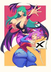 2girls animal_print ass bat_print bat_wings blue_pantyhose border breasts bridal_gauntlets capcom cleavage clenched_hand clothing_cutout collarbone commentary contrapposto darkstalkers demon_girl english_commentary flat_chest foreshortening fur-trimmed_leotard fur_trim georgewithas green_eyes green_hair grin head_wings heart heart_cutout highleg highleg_leotard highres holding holding_sign huge_ass huge_breasts large_breasts leaning_back leotard lilith_(darkstalkers) long_hair low_wings morrigan_aensland multiple_girls open_mouth outside_border outstretched_arm pantyhose pink_pantyhose purple_hair red_background red_eyes red_leotard short_hair siblings sign smile straight_hair teeth thick_thighs thighs unaligned_breasts upper_teeth_only very_long_hair wings yellow_background