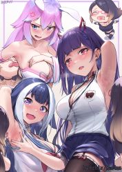 4girls ahoge akuma_nihmune akuma_nihmune_(1st_costume) angry animal_ears arm_up armpits black_hair blue_collar blue_eyes blue_hair breasts choker collar cottontail_(vtuber) demon_girl ear_piercing facial_mark fangs glasses gradient_hair heart heart-shaped_pupils heart_ahoge heart_facial_mark heart_in_mouth heterochromia highres indie_virtual_youtuber large_breasts leash licking licking_armpit long_hair loose_necktie marina_(vtuber) multicolored_hair multiple_girls necktie orca_girl padoruu piercing pink_eyes pink_hair purple_eyes purple_hair rabbit_ears shylily shylily_(1st_costume) spread_armpit steam steaming_body streaked_hair sweat symbol-shaped_pupils virtual_youtuber white_hair yuri