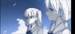 2girls bird cloud commentary english_commentary girls_band_cry greyscale_with_colored_background haidao_mao highres hina_(girls_band_cry) iseri_nina long_hair monochrome multiple_girls school_uniform short_hair twintails upper_body