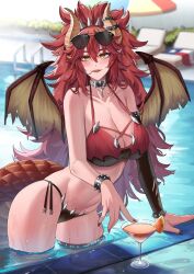 Rule 34 | 1girl, arm warmers, artist request, bikini, black bikini, black nails, blush, bracelet, breasts, choker, cleavage, cross, cup, dragon girl, dragon horns, dragon tail, drinking glass, food, fruit, highres, horns, jewelry, long hair, orange (fruit), outdoors, pool, poolside, red bikini, red hair, single arm warmer, spiked bracelet, spikes, string bikini, sunglasses, swimsuit, tail, virtual youtuber, vshojo, water, zentreya, zentreya (dragon)