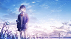 1girl amenomori_howa antenna_hair black_hair black_jacket black_skirt blazer blue_sky bow bowtie bridge cellphone cloud collared_shirt commentary_request contrail crying crying_with_eyes_open earbuds earphones grass grey_sweater hand_in_pocket highres holding holding_phone jacket long_sleeves miniskirt original outdoors phone pleated_skirt red_bow red_bowtie road_sign scenery school_uniform shirt short_hair sign skirt sky smartphone solo standing sweater tears twitter_username wide_shot