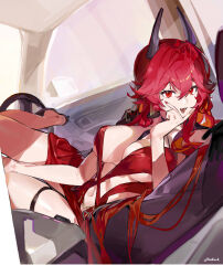 1girl :d absurdres bandaid between_breasts between_legs breasts car choker clothing_cutout covered_erect_nipples dress earrings fake_horns fang goddess_of_victory:_nikke gohanduck hair_spread_out hand_between_legs head_rest high_heels highres horns jewelry long_hair lying motor_vehicle nail_polish navel on_side open_mouth red_dress red_eyes red_hair red_hood_(nikke) red_hood_(nonsense_red)_(nikke) shiny_skin sidelocks signature smile solo thigh_strap thighs wheel