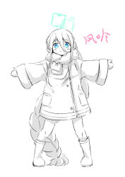 1girl absurdly_long_hair absurdres aqua_halo aris_(blue_archive) artist_name blue_archive blue_eyes blush boots braid braided_ponytail buttons chinese_commentary closed_mouth coat commentary_request earmuffs full_body fur-trimmed_sleeves fur_trim greyscale hair_between_eyes halo highres legs_apart long_bangs long_hair long_hair_between_eyes long_sleeves looking_at_viewer low-braided_long_hair low-tied_long_hair mittens monochrome official_alternate_costume official_alternate_hairstyle outstretched_arms pocket rectangular_halo ringed_eyes scarf signature simple_background single_braid smile solo spot_color spread_arms standing trans1st0r very_long_hair white_background wide_sleeves winter_clothes winter_coat