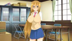 1girl arms_behind_back blonde_hair blush breasts chair closed_mouth cowboy_shot female_focus hair_between_eyes highres huge_breasts indoors legs long_hair looking_at_viewer makarou minami-ke minami_haruka necktie nose_blush red_necktie school_uniform skirt smile solo standing table thighs vest window wooden_floor yellow_eyes