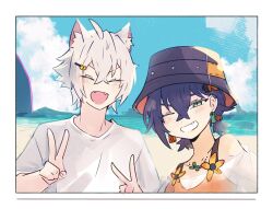 animal_ear_fluff animal_ears beach belle_(summer_skies)_(zenless_zone_zero) belle_(zenless_zone_zero) blue_hair blue_sky blush border bucket_hat cat_boy cat_ears closed_eyes cloud crossed_bangs earrings fangs hair_between_eyes hair_ornament hairclip hat highres hollow_(zenless_zone_zero) jewelry looking_at_viewer one_eye_closed open_mouth outdoors seth_lowell shirt short_hair sky sstoh v water white_shirt zenless_zone_zero