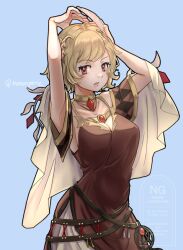 Rule 34 | 1girl, blonde hair, brown dress, citrinne (fire emblem), dress, earrings, fire emblem, fire emblem engage, gold choker, gold trim, hair ornament, hoop earrings, jewelry, leather wrist straps, looking at viewer, mismatched earrings, momongame 17, nintendo, red eyes, wing hair ornament
