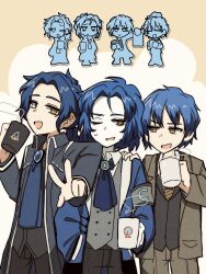 :d ascot black_shirt blue_ascot blue_coat blue_hair brown_jacket brown_pants chesed_(project_moon) coat coffee_mug collared_shirt cup daniel_(project_moon) grey_vest highres holding holding_cup jacket june_blues library_of_ruina lobotomy_corporation looking_at_another looking_at_viewer male_focus medium_hair mug open_mouth pants parted_bangs ponytail project_moon shirt short_hair simple_background smile standing upper_body v vest white_shirt yellow_background yellow_eyes