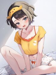 Rule 34 | 1girl, aqua eyes, bare legs, bed, bloomers, brown hair, camisole, collarbone, crop top, crossed ankles, feet out of frame, hairband, highres, hololive, knee up, legs, midriff, navel, official alternate costume, on bed, oozora subaru, oozora subaru (loungewear), open mouth, pecco (pecchn478), short hair, sitting, sleepwear, smile, solo, twitter username, two side up, underwear, virtual youtuber