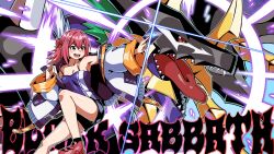 black_eyes black_shorts blush breasts camisole card cleavage digimon digimon_(creature) digimon_card_game digimon_liberator diti_(selecta) dragon english_text green_hair heavymetaldramon highres holding holding_card jacket medium_breasts open_clothes open_jacket open_mouth pink_hair purple_camisole red_eyes sharp_teeth shorts teeth tongue trading_card white_jacket yuuki_(digimon)