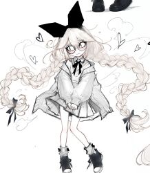 &lt;|&gt;_&lt;|&gt; alternate_costume arisu_liddellvt black_bow black_ribbon black_shoes bow braid closed_mouth collared_shirt embarrassed grey_jacket grey_skirt heart highres jacket legs_apart light_blush long_sleeves messy_hair nervous original pleated_skirt ribbon shirt shoes shy skirt socks twin_braids white_background white_hair white_shirt white_socks