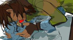 1boy 1other alien_stage beak berdly_(deltarune) bird_boy brown_hair closed_eyes commentary confetilly deltarune english_commentary fingerless_gloves furry furry_male gloves green_shirt highres holding_another&#039;s_arm kiss kris_(deltarune) long_sleeves other_with_male scene_reference shirt sketch soul_(deltarune) sweat