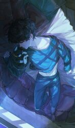 1boy absurdres amamiya_ren animal bed bed_sheet black_cat black_hair black_sweater cat closed_eyes closed_mouth commentary_request hair_between_eyes highres indoors jingsang_w long_sleeves lying male_focus morgana_(cat)_(persona_5) morgana_(persona_5) night on_back on_bed pants persona persona_5 pillow sleeping sleeves_past_wrists sweater tuxedo_cat
