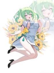 1girl absurdres bare_legs black_shoes breasts china_dress chinese_clothes dress floating_hair floral_background floral_print flower full_body green_hair high_heels highres large_breasts long_hair looking_at_viewer multicolored_eyes nannung no_panties open_mouth pelvic_curtain shoes short_sleeves sideboob smile solo stellive thighs twintails virtual_youtuber white_background white_dress yellow_flower yuzuha_riko zoom_layer