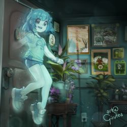1girl artist_name bangle bracelet character_name chipped_tooth door doorknob drum drumsticks electrical_outlet floating flower freckles frog ghost girutea glowing hair_bobbles hair_ornament hairclip hat highres indie_virtual_youtuber indoors instrument jewelry light_particles lily_hopkins lily_pad looking_at_viewer no_socks open_mouth painting_(object) petite plant potted_plant print_shirt shirt shoe_dangle shoes short_hair short_sleeves skindentation smile sneakers solo sparkle spooky&#039;s_house_of_jump_scares spooky_(shojs) table through_wall top_hat vase virtual_youtuber water