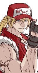 1boy adjusting_clothes adjusting_headwear arm_up baseball_cap biceps black_gloves black_jacket blonde_hair blue_eyes closed_mouth commentary_request crew_neck crossover english_text fatal_fury fingerless_gloves glove_cutout gloves bad_tag bad_tag hair_between_eyes hat highres jacket long_hair looking_to_the_side male_focus muscular muscular_male ponytail red_jacket shirt simple_background sketch sleeveless sleeveless_jacket smile solo street_fighter street_fighter_6 terry_bogard the_king_of_fighters torn_clothes torn_sleeves white_background white_shirt wing_collar yasunososaku