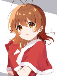 Rule 34 | 1girl, 2024, absurdres, antenna hair, blush stickers, brown eyes, brown hair, capelet, clannad, clenched hands, commentary request, dated commentary, emu shido, eyelashes, eyes visible through hair, fur-trimmed capelet, fur-trimmed gloves, fur trim, furukawa nagisa, gloves, hair between eyes, hair intakes, hands up, highres, looking at viewer, lying, medium hair, on side, open mouth, red capelet, red gloves, santa capelet, santa costume, santa gloves, simple background, smile, solo, tareme, upper body, white background