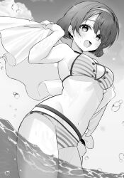 1girl armpits bikini blush breasts cloud hairband highres looking_at_viewer medium_breasts medium_hair meimei_(meimei89008309) monochrome navel ocean open_mouth smile solo striped_bikini striped_clothes swimsuit tenkyuu_chimata touhou twitter_username wading water water_drop