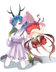 2girls antlers bare_shoulders blue_hair brown_hair c_(control) closed_mouth collarbone dress floating flower green_eyes hair_flower hair_ornament horns kneeling looking_at_viewer mashu_(control) monkey68 multiple_girls pale_skin pointy_ears q_(control) red_eyes red_horns striped_horns twintails upside-down white_background white_dress