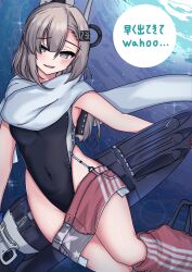 1girl absurdres american_flag american_flag_print american_flag_skirt black_one-piece_swimsuit breasts denim denim_skirt flag_print grey_eyes grey_hair headgear highleg highleg_one-piece_swimsuit highres kantai_collection long_hair medium_breasts one-piece_swimsuit print_skirt rigging scarf skirt solo super_highleg swimsuit tokiwa_senkei two-tone_one-piece_swimsuit underwater wahoo_(kancolle) white_one-piece_swimsuit white_scarf