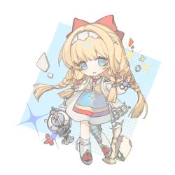 1girl :o blonde_hair blue_eyes boots bow coat full_body hair_bow hairband hand_up highres kiperina knees_together_feet_apart long_hair looking_at_viewer official_alternate_costume poleyn quad_braids red_bow reverse:1999 shirt skirt solo sparkle square standing tansuangai_fenmo white_boots white_coat white_hairband white_shirt white_skirt
