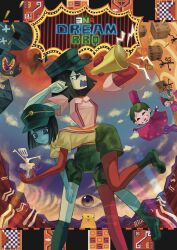 Rule 34 | black hair, blue skin, blunt bangs, blunt ends, bob cut, colored skin, ena: dream bbq, ena (dream bbq), ena (series), ena (species), fish (ena), floating head, green hat, hangover ena, hat, highres, hourglass dog, laura (ena), laurel (ena), linda (ena), low poly, meanie ena, multicolored skin, multiple girls, open mouth, red skin, shirt, short hair, short sleeves, spatulady (ena), split-color skin, surreal, two-tone skin, usagimarumei, white shirt