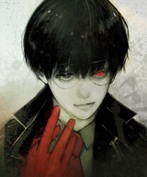 1boy black_coat black_hair black_reaper black_shirt close-up coat collared_shirt glasses gloves hand_up heterochromia highres kaneki_ken looking_at_viewer male_focus necktie painterly red_eyes red_gloves red_necktie shadow shirt short_hair smile solo stfr_(stfr_kaz) teeth tokyo_ghoul tokyo_ghoul:re