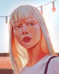 1girl aegyo_sal angel_ganev artist_name blue_sky blunt_bangs blunt_ends chromatic_aberration colored_eyelashes commentary day english_commentary facing_viewer film_grain from_below highres lens_flare looking_to_the_side medium_hair parted_lips pink_lips portrait real_life real_life_insert realistic shirt sideways_glance sky solo teeth upper_teeth_only white_eyelashes white_hair white_shirt