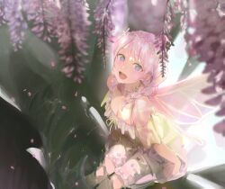 1girl alternate_costume bang_dream! blue_eyes braid fairy_wings highres looking_at_viewer nature oikuze open_mouth outdoors sitting solo twin_braids wakamiya_eve water white_hair wings