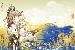 1boy 1girl :d aqua_eyes arknights bare_shoulders beads blonde_hair blue_hair brown_hair chinese_commentary closed_mouth colored_extremities commentary_request day earrings holding_hands jewelry ji_(arknights) korukun long_hair long_sleeves mole mole_under_eye off_shoulder open_mouth outdoors plant pointy_ears profile shu_(arknights) smile standing very_long_hair wheat wind yellow_eyes