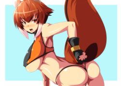 Rule 34 | 1girl, animal ears, antenna hair, arc system works, ass, bent over, blazblue, blazblue: continuum shift, blush, breasts, brown eyes, brown hair, covered erect nipples, crop top, female focus, fingerless gloves, from behind, gloves, huge breasts, image sample, ky., large breasts, makoto nanaya, multicolored hair, pixiv sample, short hair, skindentation, solo, squirrel ears, squirrel tail, streaked hair, tail, thong, underboob