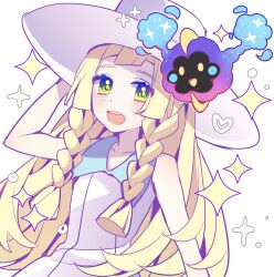 1girl absurdres blonde_hair braid collared_dress cosmog dress gen_7_pokemon green_eyes hand_on_headwear hat highres legendary_pokemon lillie_(pokemon) nintendo pkm_lemon pokemon pokemon_(creature) pokemon_sm sleeveless sleeveless_dress star_(symbol) sun_hat sundress twin_braids white_background white_dress white_hat