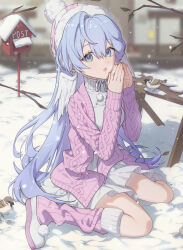 1girl beanie blue_eyes blue_hair blush chyanu dress hat head_wings honkai:_star_rail honkai_(series) leg_warmers long_hair long_sleeves looking_at_viewer pink_leg_warmers pink_sweater pom_pom_(clothes) pom_pom_beanie robin_(honkai:_star_rail) shoes sitting snow solo sweater turtleneck turtleneck_dress very_long_hair wariza white_dress white_shoes wings
