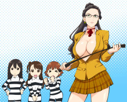 Rule 34 | &gt; &lt;, 10s, 4girls, :&lt;, :d, black-framed eyewear, breasts, cleavage, closed eyes, cosplay, cuffs, executive mishiro, glasses, hair bun, hair slicked back, halftone, halftone background, handcuffs, hands on own hips, holding, holding riding crop, honda mio, huge breasts, idolmaster, idolmaster cinderella girls, itou shizuka, jewelry, large breasts, lips, long hair, multiple girls, open clothes, open mouth, open shirt, ponytail, prison clothes, prison school, riding crop, school uniform, season connection, shibuya rin, shimamura uzuki, shiraki meiko, shiraki meiko (cosplay), shirt, short hair, single hair bun, skirt, smile, ueyama michirou, v arms, whip