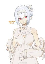 Rule 34 | 1girl, alternate costume, alternate hairstyle, breasts, cerevevisiae, dress, girls&#039; frontline, gloves, hair between eyes, highres, looking to the side, medium breasts, red eyes, scar, solo, third-party source, thunder (girls&#039; frontline), white dress, white gloves, white hair